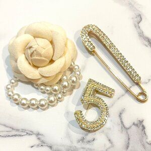 NEW Gold Color 3 PIECE SET Numeral No: 5 Crystal & Camellia Pearl Brooch Pin SET